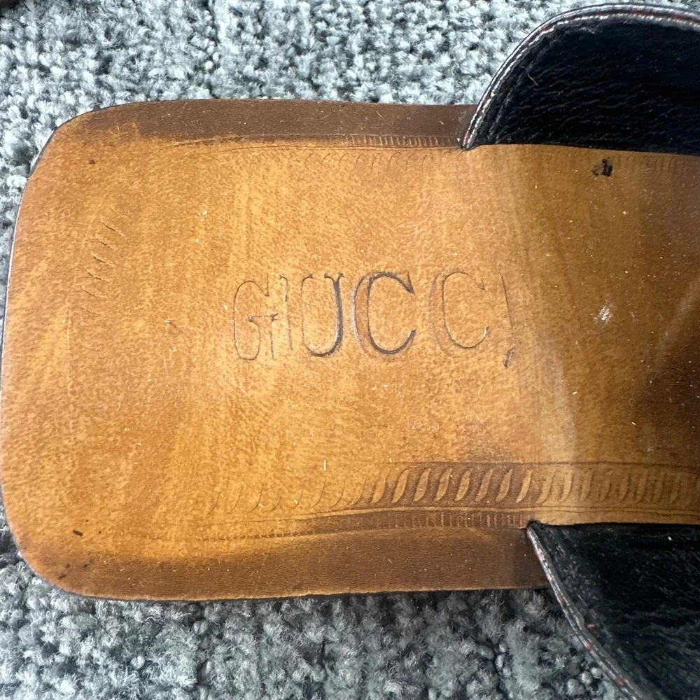 VTG Gucci Slide Sandals Mens 9 Dark Brown Leather Square Toe Made in Italy